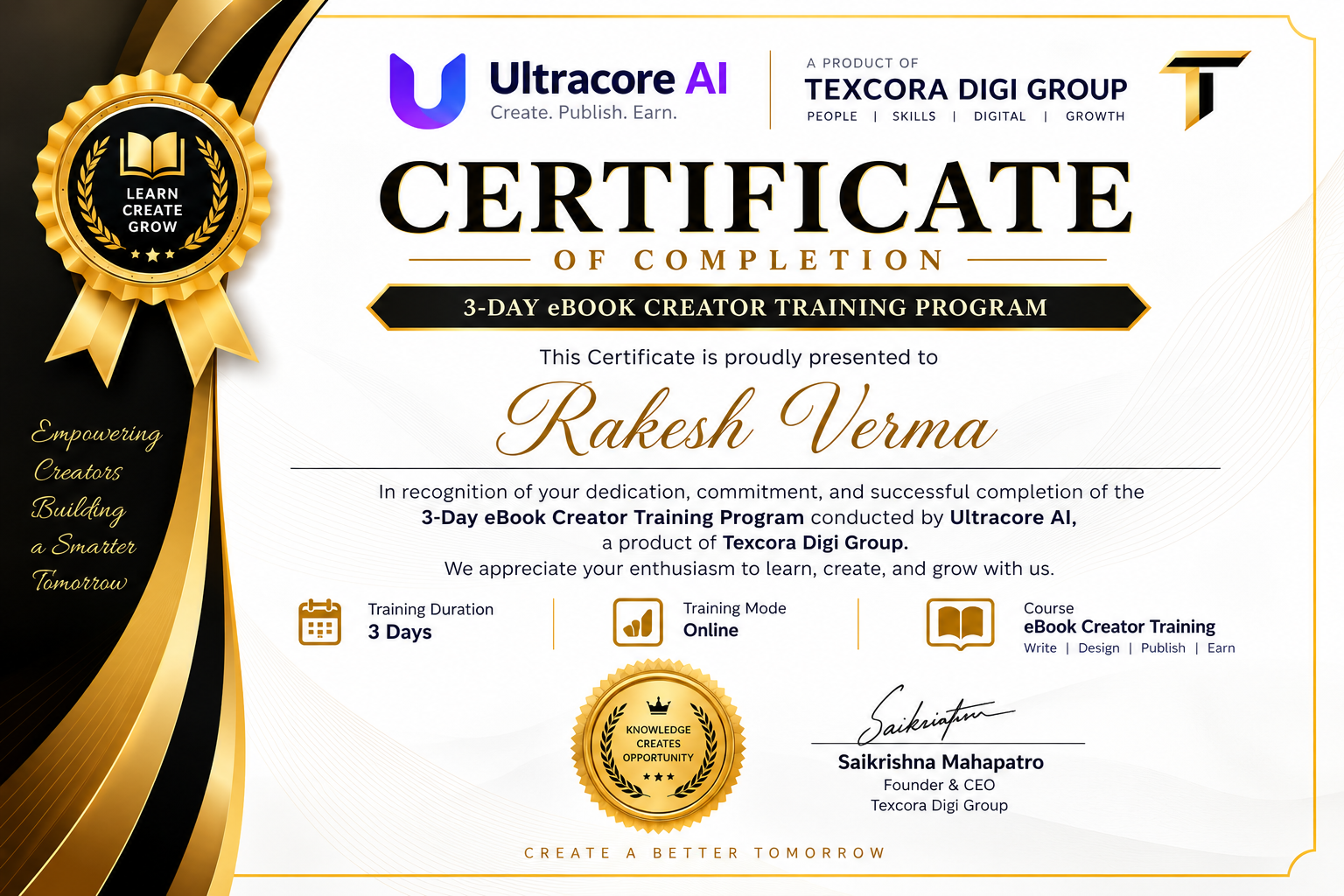 Ultracore AI 3-Day eBook Creator Training certificate preview